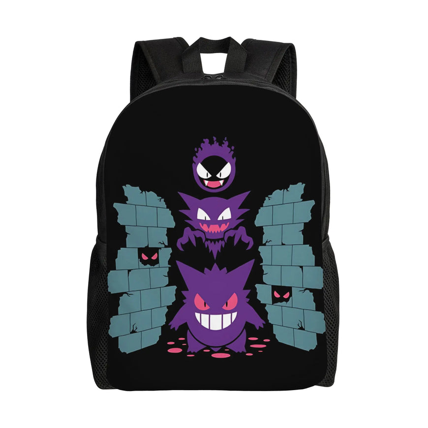 A black backpack featuring a graphic print of three purple cartoon monsters breaking through gray brick walls, shown against a plain white background.
