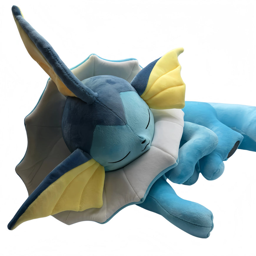 Plush toy of a blue and yellow creature on a white background