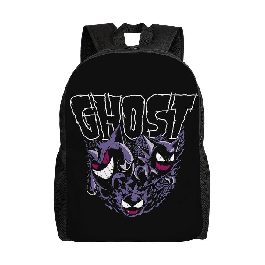 A black backpack featuring a graphic print of three purple ghosts with pink eyes and the word 'GHOST' in white outline text across the front, shown on a plain white background.