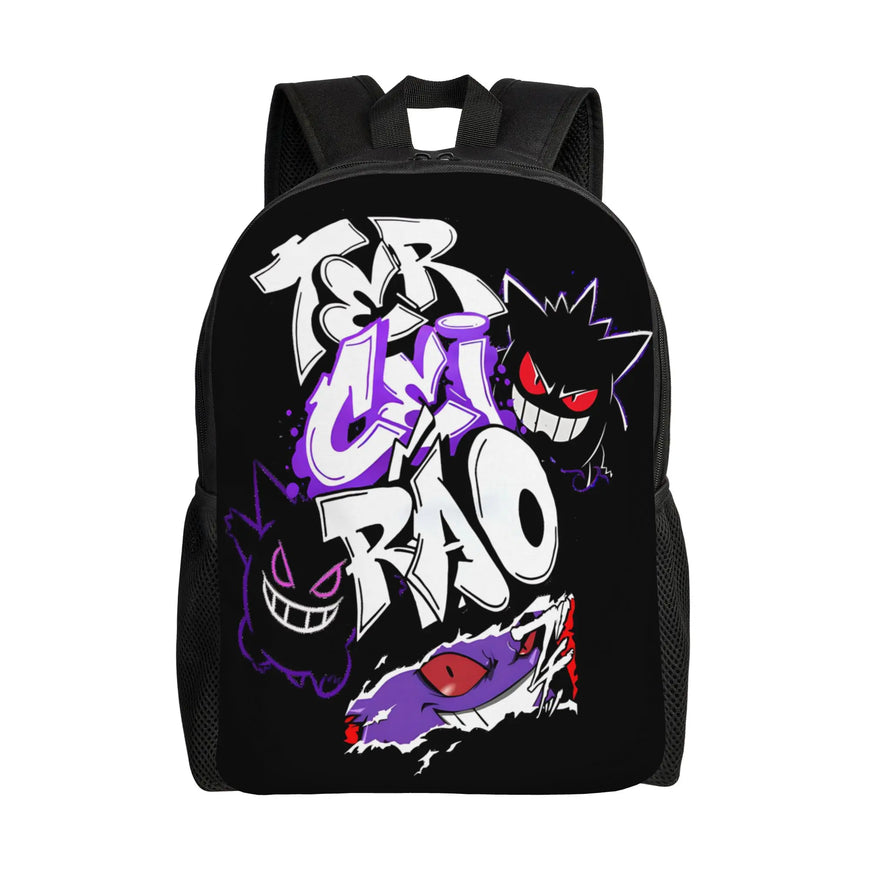 Black backpack with colorful graphics and text on a white background