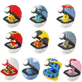 Nine small block-built Pokémon Pokéball figures arranged in a 3x3 grid on a plain white background, each showing different colored shells and different Pokémon characters inside.