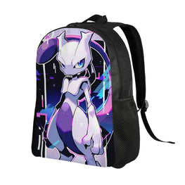 A black backpack featuring a large graphic print of the anime character Mew on the front, set against a plain white background.