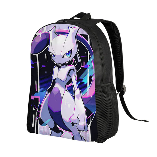 A black backpack featuring a large graphic print of the anime character Mew on the front, set against a plain white background.