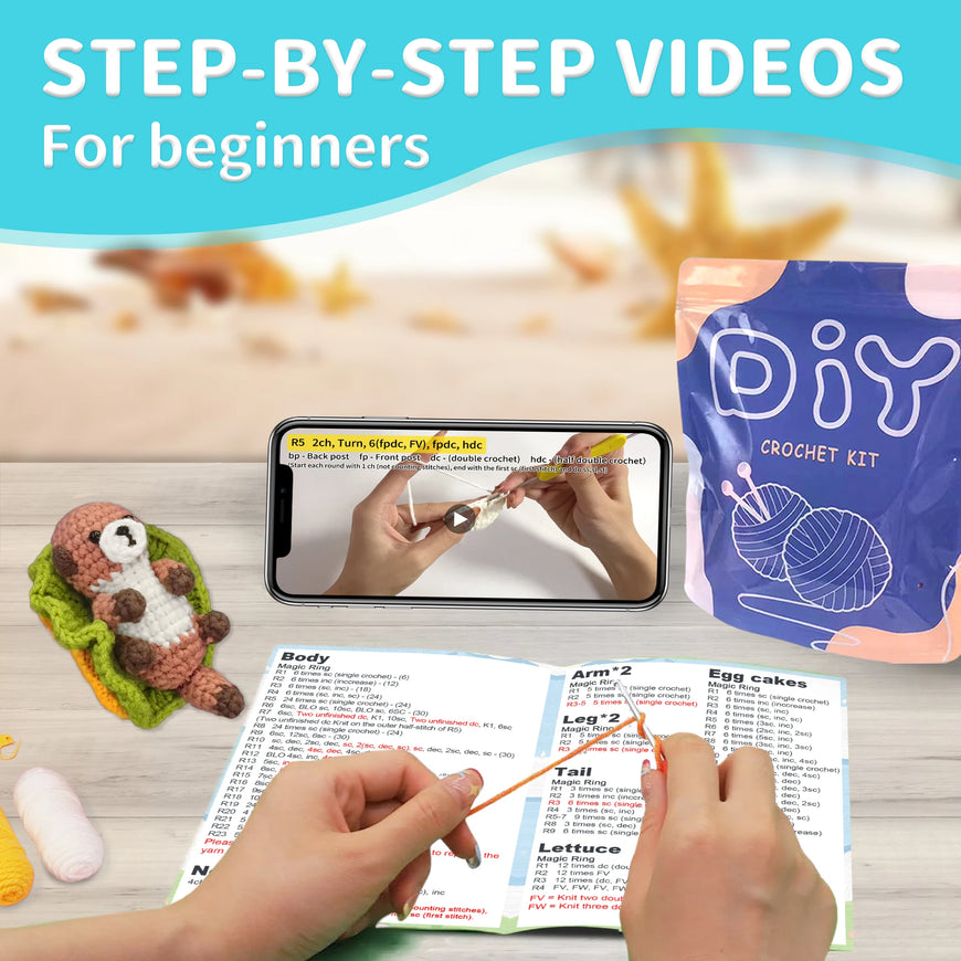 Crochet kit with step-by-step video guide and yarn ball on a wooden surface
