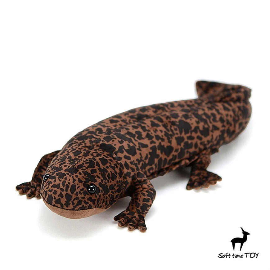 Plush toy resembling a leopard print salamander on a white background