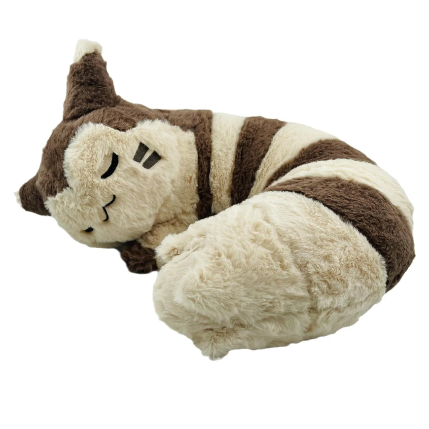 A sleeping cartoon-style plush toy shaped like a curled-up caterpillar or worm, with brown and cream stripes, embroidered closed eyes, and stitched facial features, isolated on a white background.