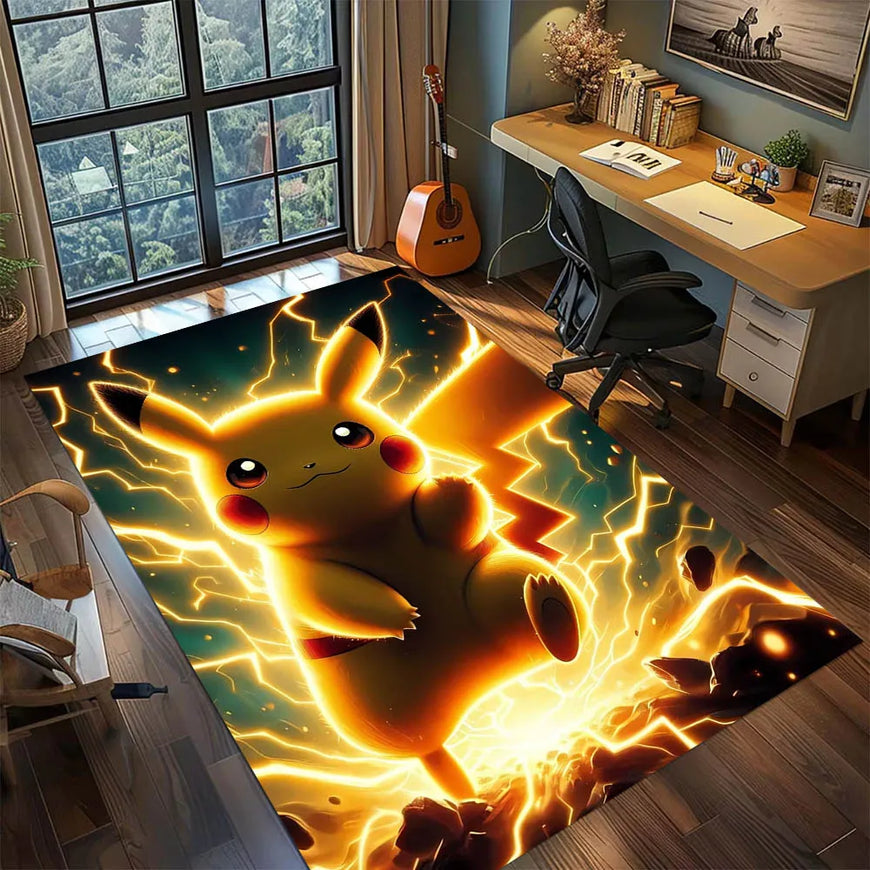 A large rectangular area rug featuring a dramatic 3D-style print of Pikachu surrounded by bright yellow lightning and dark green background tones, shown in a furnished room with a desk, chair, window, and guitar.
