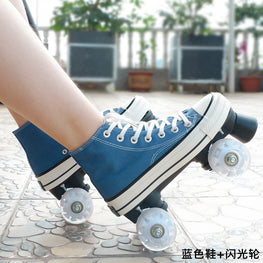 Unisex Canvas Quad Roller Skates, 4 Wheels Roller Skate Shoes, Adult Kid Patins, Flashing or Unflashing Wheels Skating Shoes