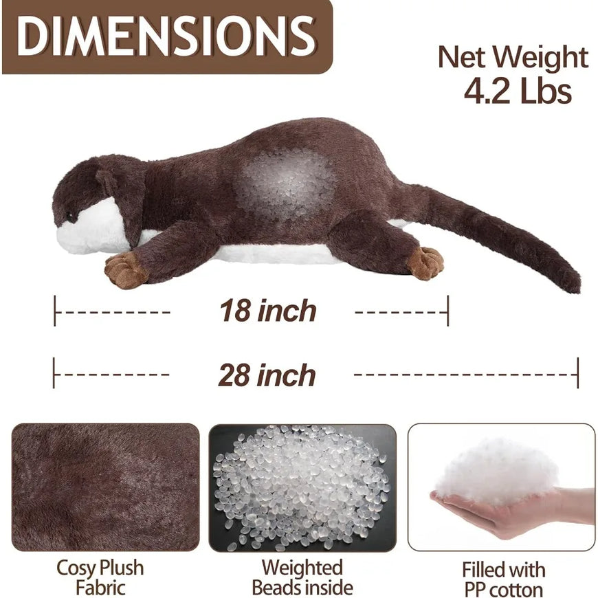 Plush otter toy with dimensions, weight, and material information displayed.