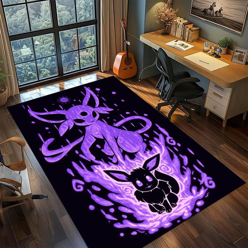 A large rectangular area rug with a glowing purple and black anime-style character design, shown in a modern home office setting with a desk, chair, window, and guitar.