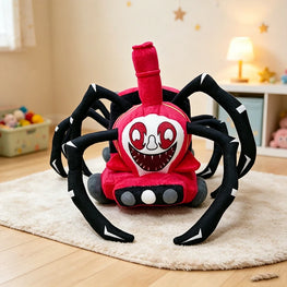 A plush toy spider shaped like a red monster car, sitting on a cream rug in a child's bedroom. The toy features black spider legs with white accents, a red body, and a cartoonish face with red eyes and a wide grin.