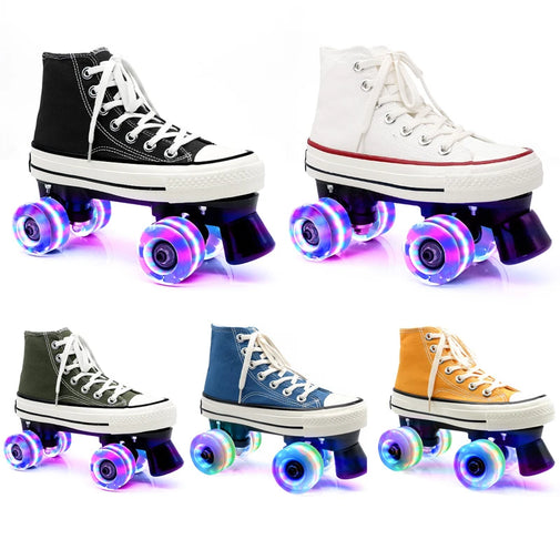 Unisex Canvas Quad Roller Skates, 4 Wheels Roller Skate Shoes, Adult Kid Patins, Flashing or Unflashing Wheels Skating Shoes