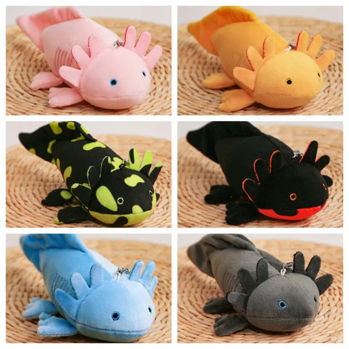Collage of six axolotl plush toys in different colors on a woven mat.