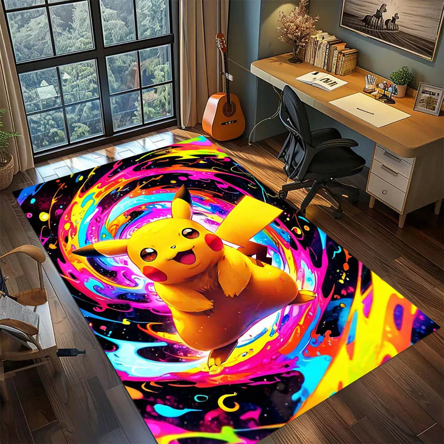 A colorful area rug featuring Pikachu in a swirling neon psychedelic design, shown on a wooden floor in a modern home office setting with a desk, chair, and window.
