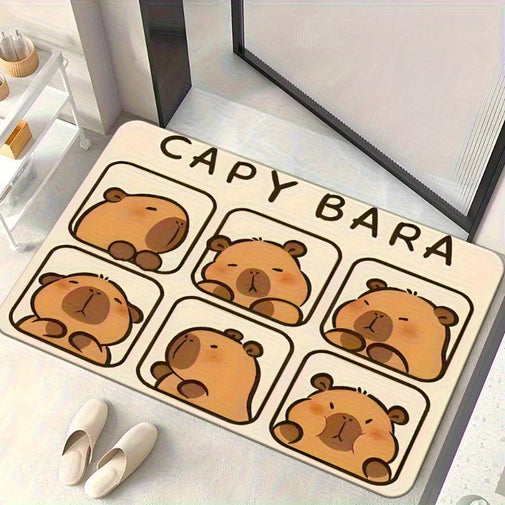 A rectangular doormat with a cute cartoon capybara design and the text 'CAPY BARA' across the top. The mat is shown on a light floor beside a mirror, with a pair of white slip-on shoes nearby.