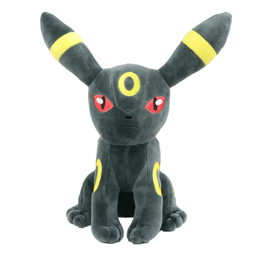 A dark gray plush toy of Umbreon with yellow stripes on its ears and tail, red eyes, and a yellow ring on its forehead, set against a plain white background.