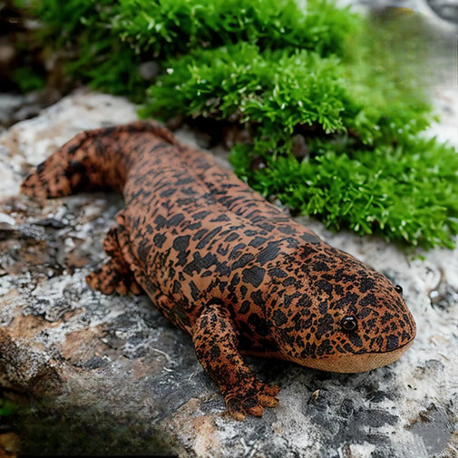 Large brown salamander on a rock with green moss in the background