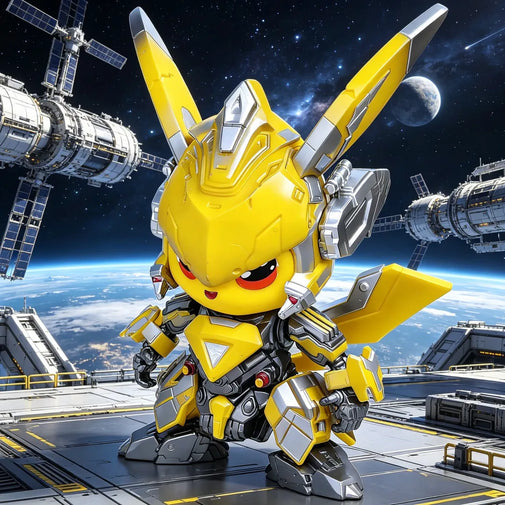 Yellow robot toy with space station and Earth in the background