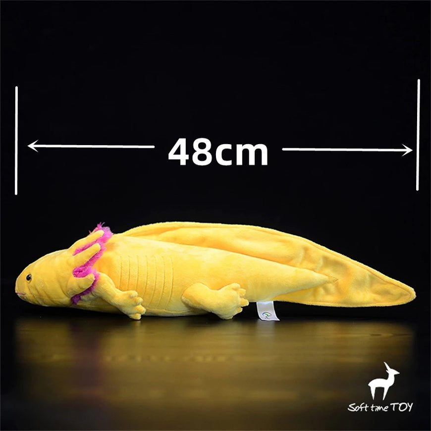 Yellow axolotl plush toy with pink gills, shown with a measurement label indicating 48cm on a black background.