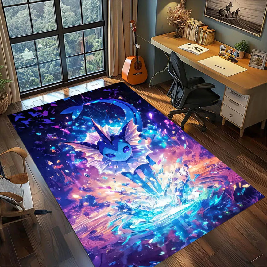 A large rectangular area rug featuring a colorful fantasy illustration of a glowing blue creature in a cosmic scene, shown in a furnished room with a desk, chair, window, and guitar.