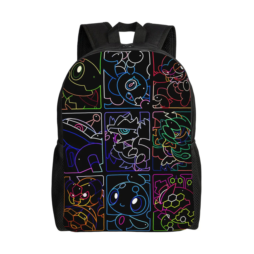 A black backpack featuring a 3x3 grid of neon-style cartoon character illustrations outlined in glowing multicolor lines, shown against a plain white background.