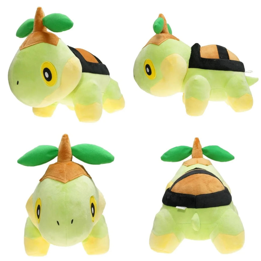 A plush toy shown from four angles on a plain white background. The character is a small turtle-like creature with a light green body, yellow feet and face details, green leaf-like accents on top, and a brown shell with a black band.