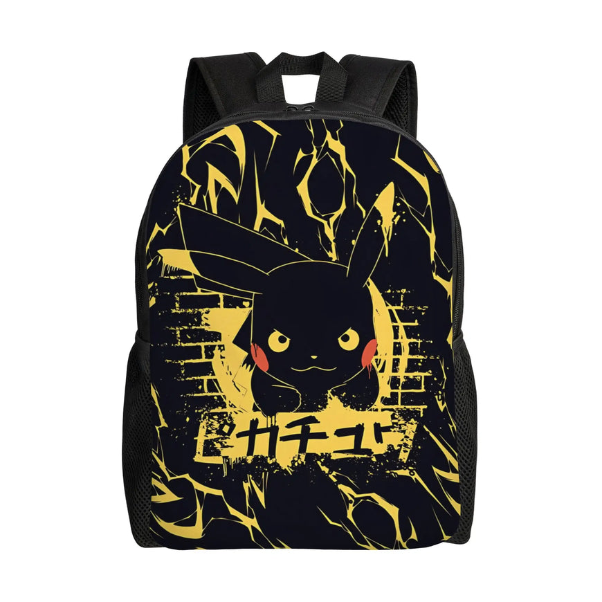 Backpack with black and yellow design featuring a character on a white background