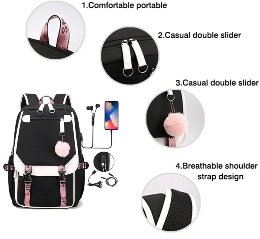 Black and white backpack with features highlighted on a white background
