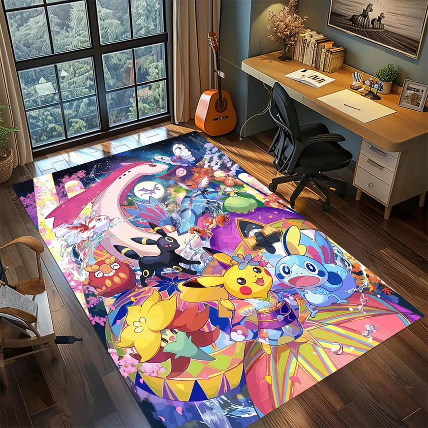 A large rectangular area rug featuring a colorful cartoon character print, shown in a styled home office environment with a desk, chair, window, and guitar.