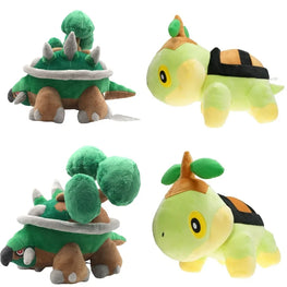 Four green and brown turtle-like plush toys on a white background