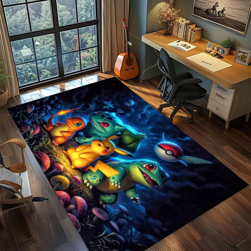 A large rectangular area rug featuring a colorful printed design of Pokémon characters including Charmander, Squirtle, Bulbasaur, and a Pokéball, shown in a furnished home office with a desk, chair, window, and guitar.