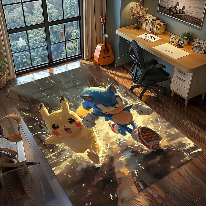 A large floor mat featuring a 3D-effect print of Sonic the Hedgehog and Pikachu in an action scene, shown in a modern home office setting.