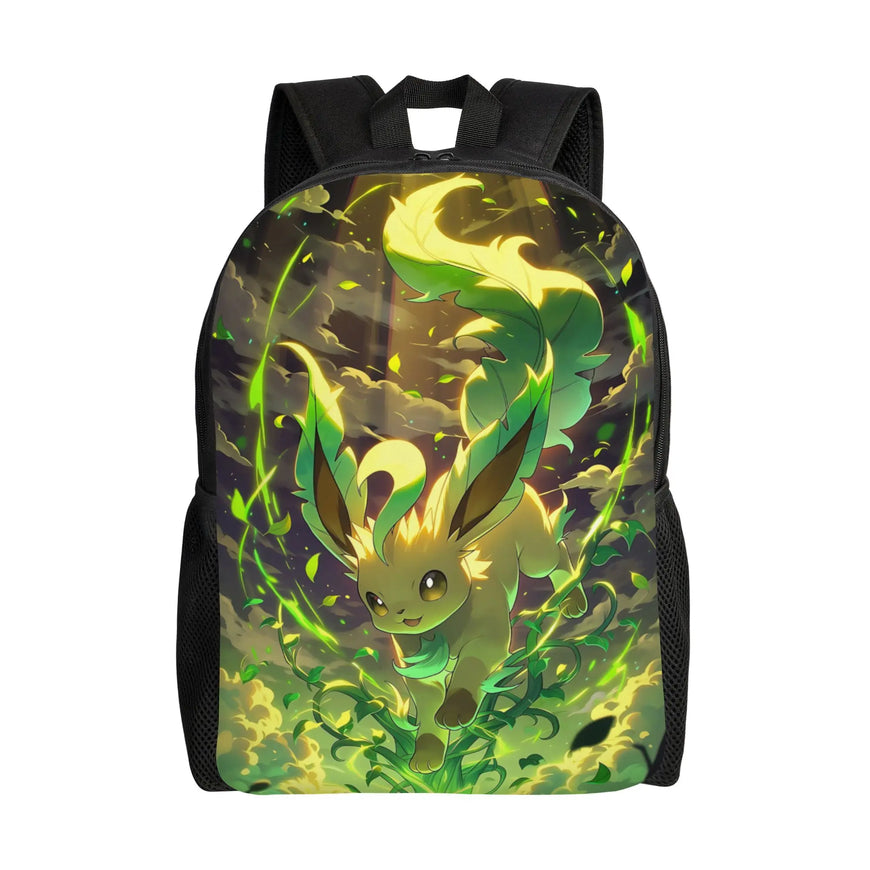 A black backpack featuring a large, vibrant graphic print of the anime character Eevee surrounded by glowing green leaves and light, shown against a plain white background.