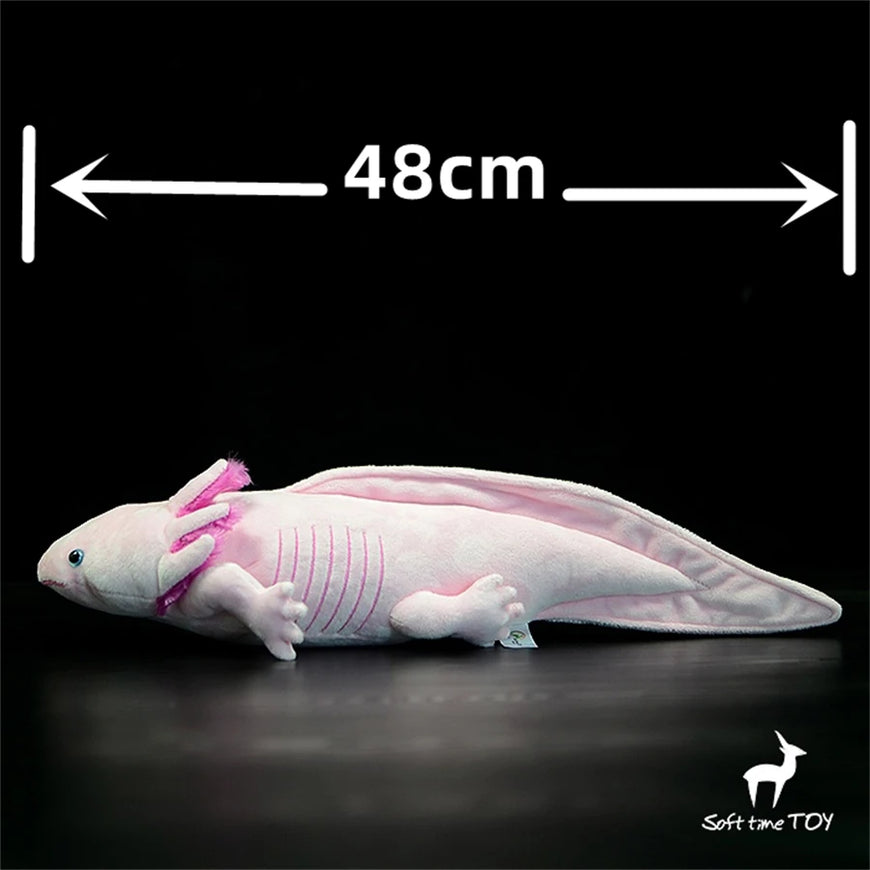 Plush axolotl toy with measurement label on a black background