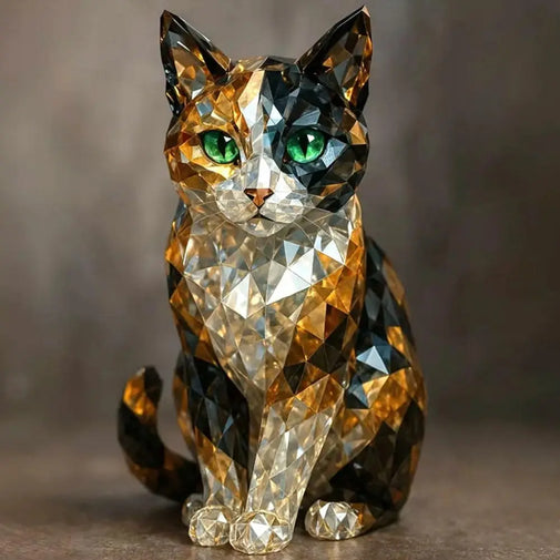 Crystal cat figurine with green eyes on a neutral background