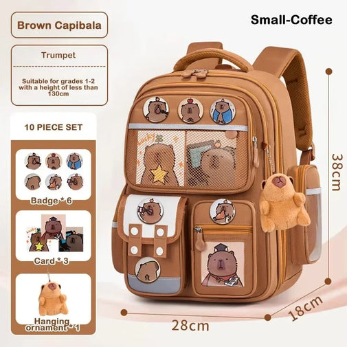 Brown backpack with cartoon bear designs and accessories on a white background