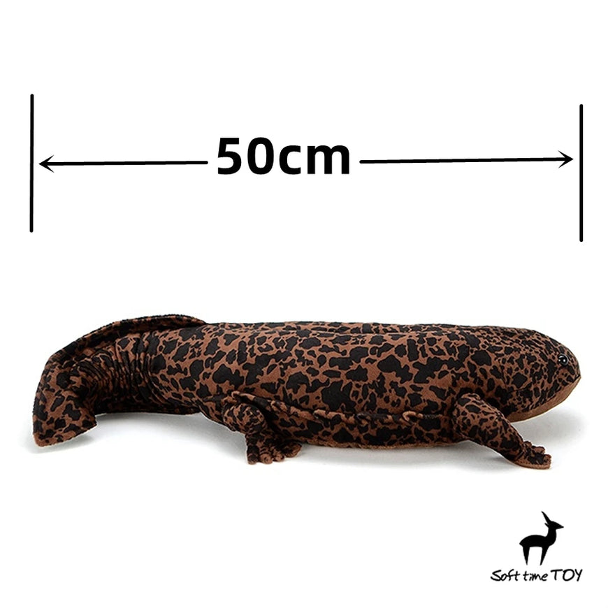 Leopard print plush toy with measurement label on a white background