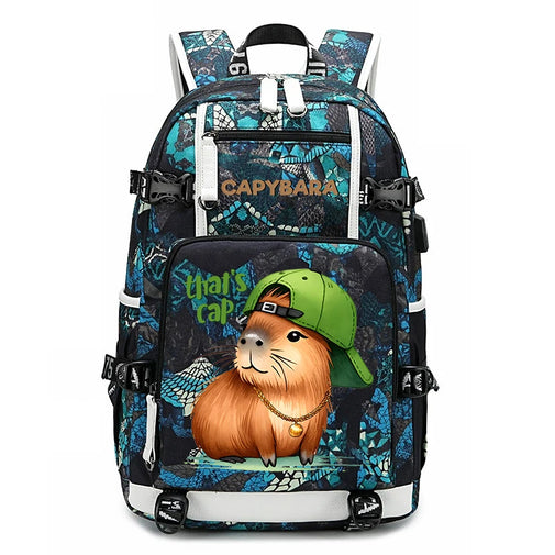 A backpack featuring a capybara illustration wearing a green cap with the text 'that's cap' on the front pocket, set against a blue and black patterned background. The backpack has white piping and black straps, with the brand name 'CAPYBARA' printed on the upper front.