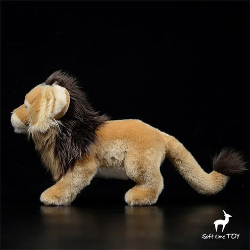 Plush toy lion standing on a black background with 'Soft Time Toy' branding.