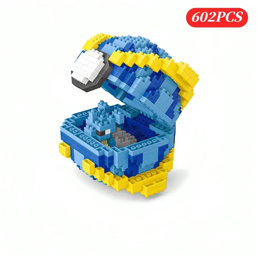 A blue and yellow micro block building toy shaped like a bird or creature with an open hinged top, shown on a white background with a red '602PCS' badge in the top right.