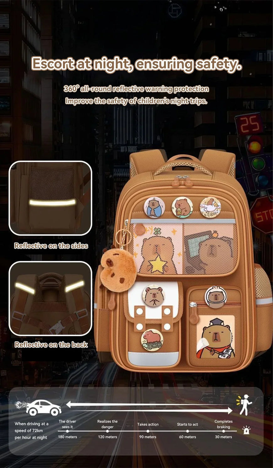 Children's backpack with bear designs and reflective features on a dark background