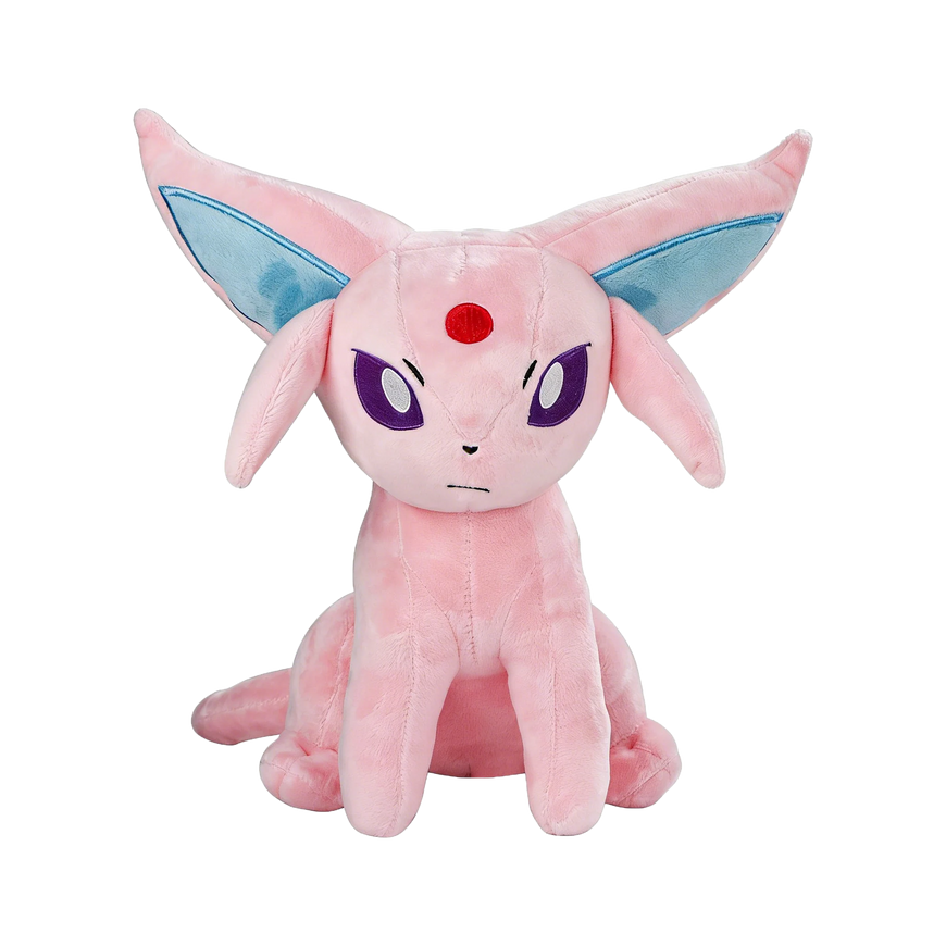 A pink plush toy of a Pokémon-like creature with large pointed ears, light blue ear interiors, purple eyes, and a small red mark on its forehead, shown against a plain white background.