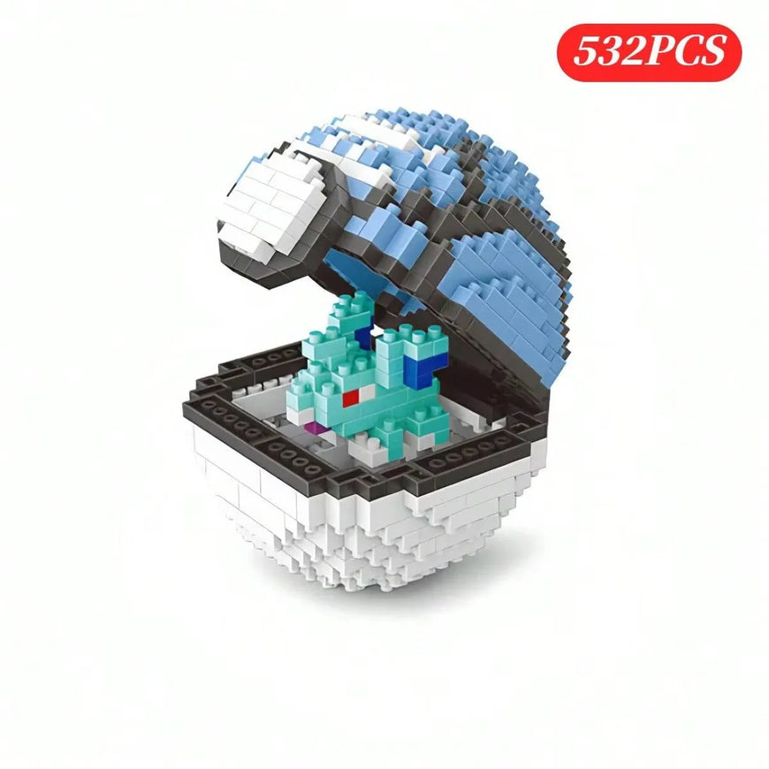 A 532-piece micro block set of a Pokéball with its lid open, revealing a pixelated blue and teal creature inside, shown on a clean white background with a red '532PCS' badge in the top right.