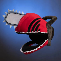 A plush chainsaw toy or costume head with a red face, black stripes, gray blade, white teeth, and a dark brown handle, shown against a blue gradient background.