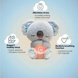 Plush toy with glowing center on a light blue background, featuring text about its benefits.