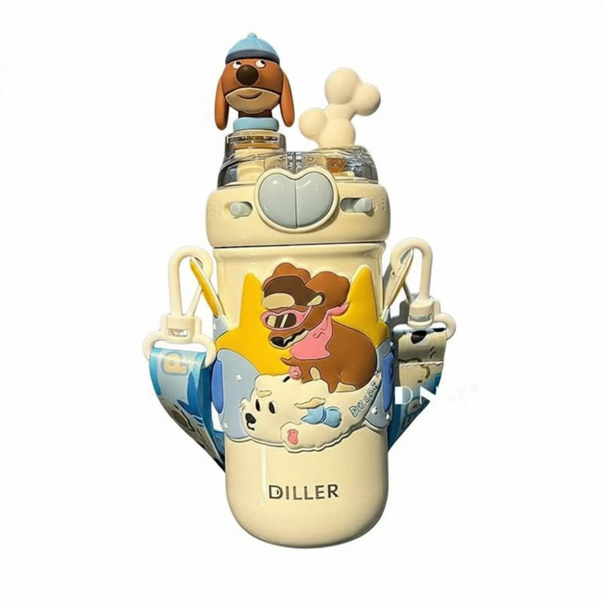 A personalized kids' water bottle with a cartoon dog design, featuring a cream-colored body, blue and yellow graphics, a detachable shoulder strap, and character-shaped lid details.