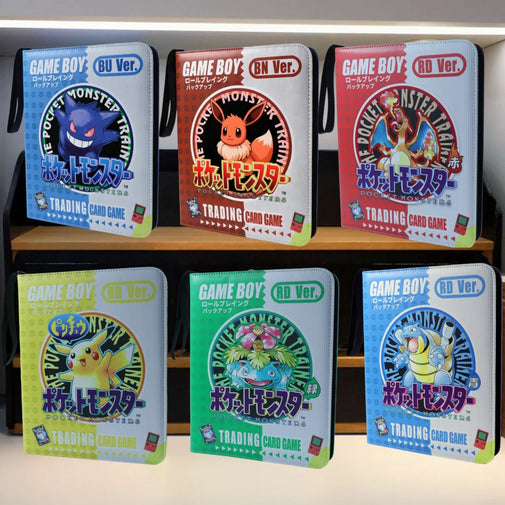 Six Pokémon Trading Card Game 'Pocket Monster Trainer' cases for Game Boy, shown in different color variants (blue, red, green, and light blue) arranged on two wooden shelves against a white background.