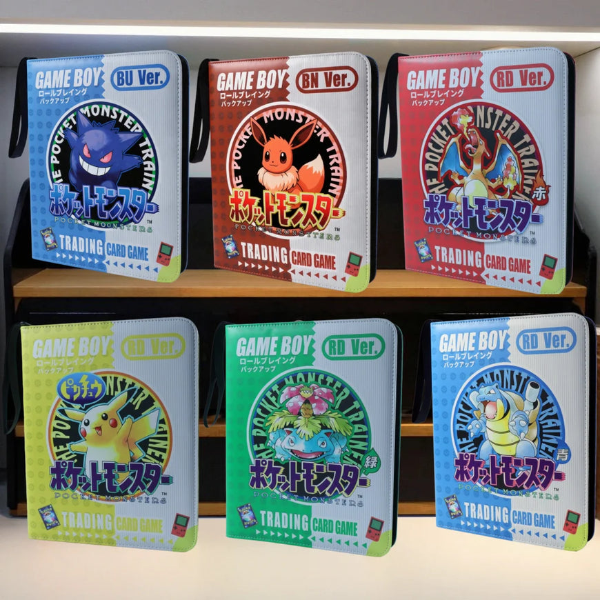 Six Pokémon Trading Card Game 'Pocket Monster Trainer' cases for Game Boy, shown in different color variants (blue, red, green, and light blue) arranged on two wooden shelves against a white background.