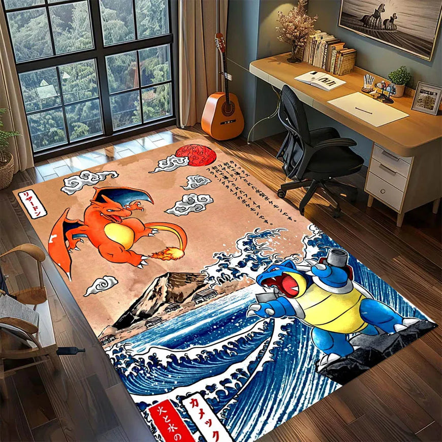 A large rectangular area rug featuring Charizard and Squirtle in a Japanese wave scene, shown on a wooden floor in a styled home office with a desk, chair, window, and guitar.