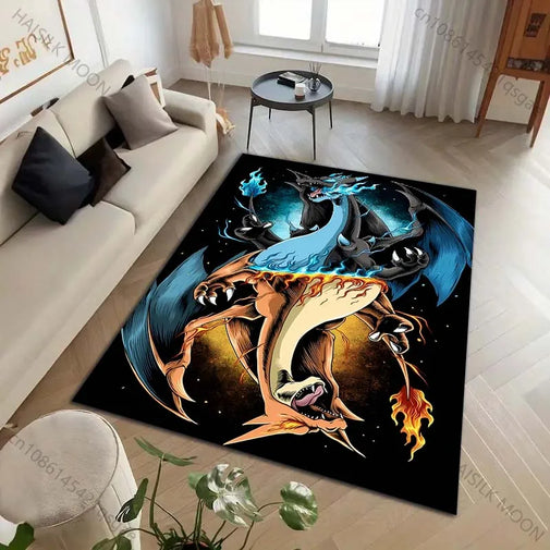 A rectangular area rug with a detailed fantasy illustration of two dragon-like creatures on a black background, placed in a modern living room setting.